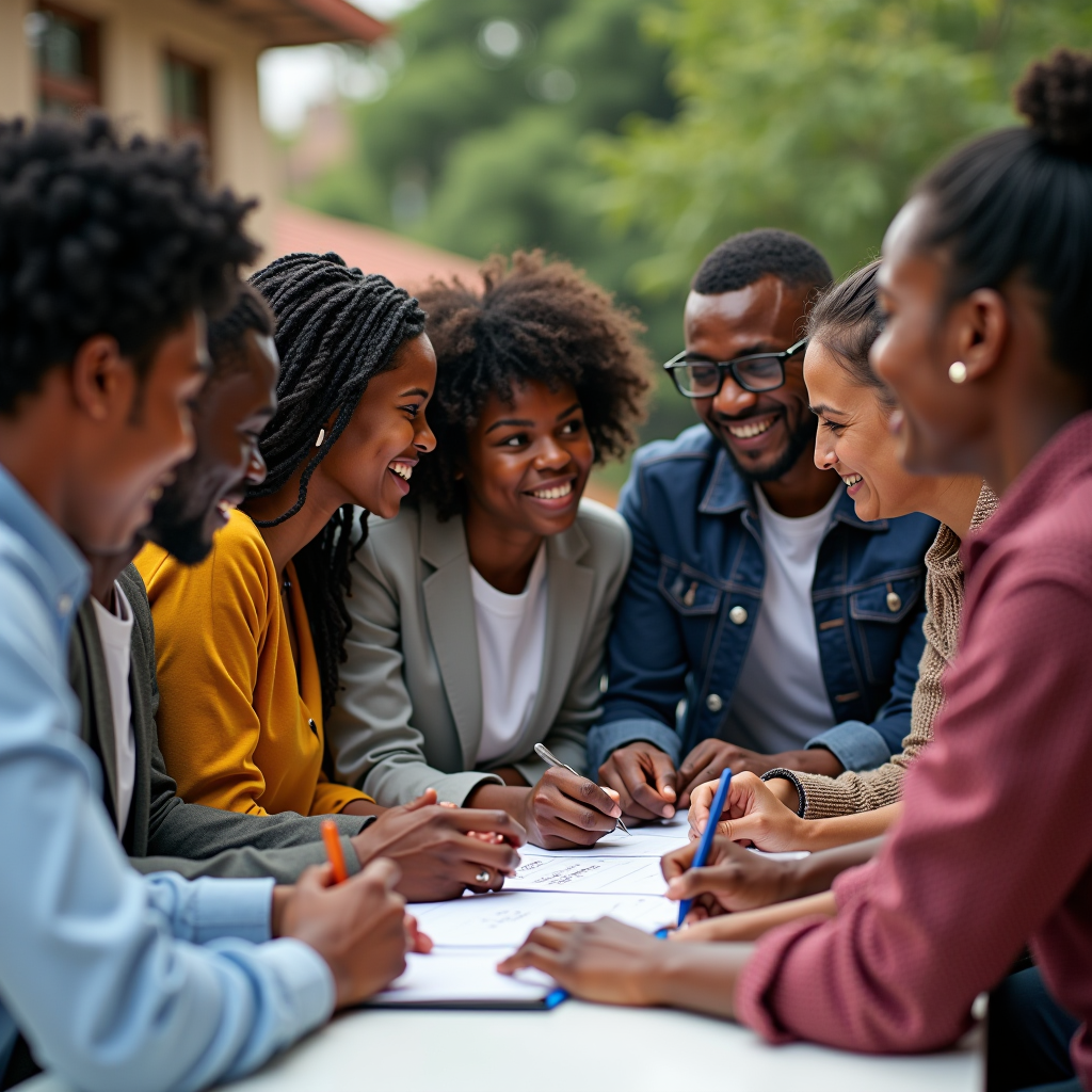 Diverse group of people collaborating on community development projects, representing the Shane Foundation's commitment to educational, religious, and charitable initiatives