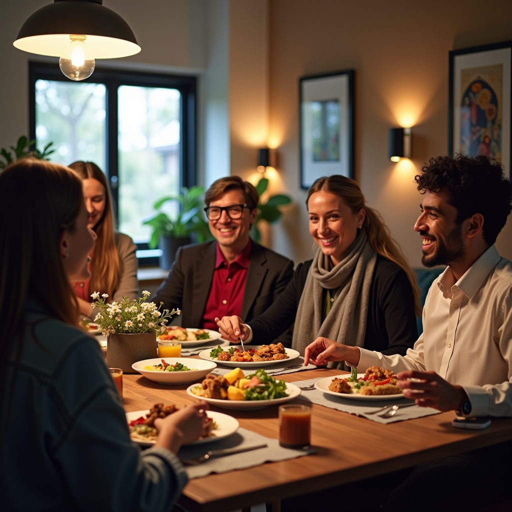 Diverse group of community members from different religious and cultural backgrounds gathering together in a modern community center, engaging in dialogue and sharing a meal, with warm lighting and welcoming atmosphere showcasing interfaith cooperation and unity