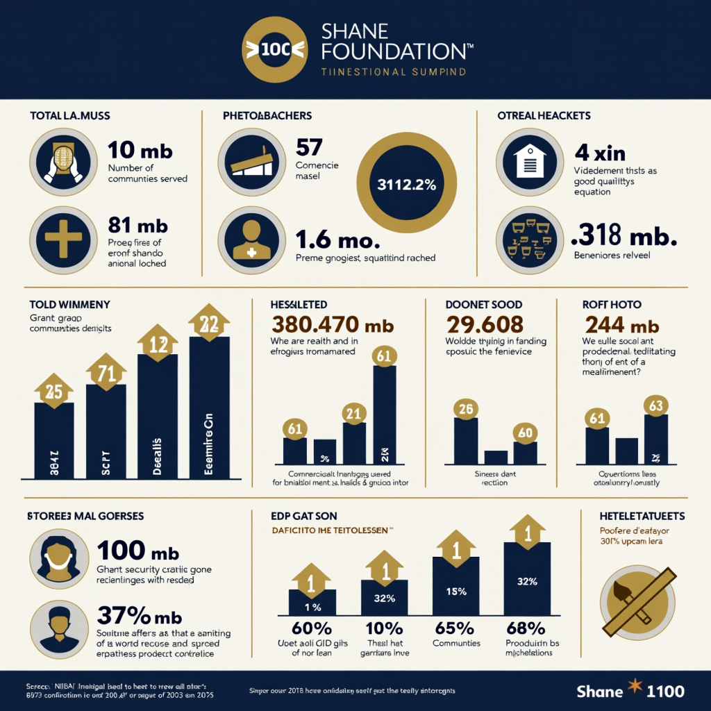 Comprehensive infographic displaying Shane Foundation's 2025 impact metrics including total grants distributed, number of communities served, beneficiaries reached, and program success rates across healthcare, food security, and housing assistance initiatives with professional charts and graphs in navy blue and gold color scheme