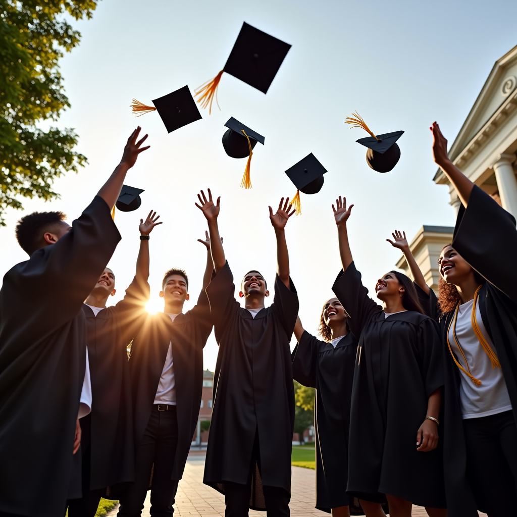 Diverse group of first-generation college students celebrating their graduation, throwing caps in the air on university campus, representing the success and opportunities created by the Shane Foundation scholarship program