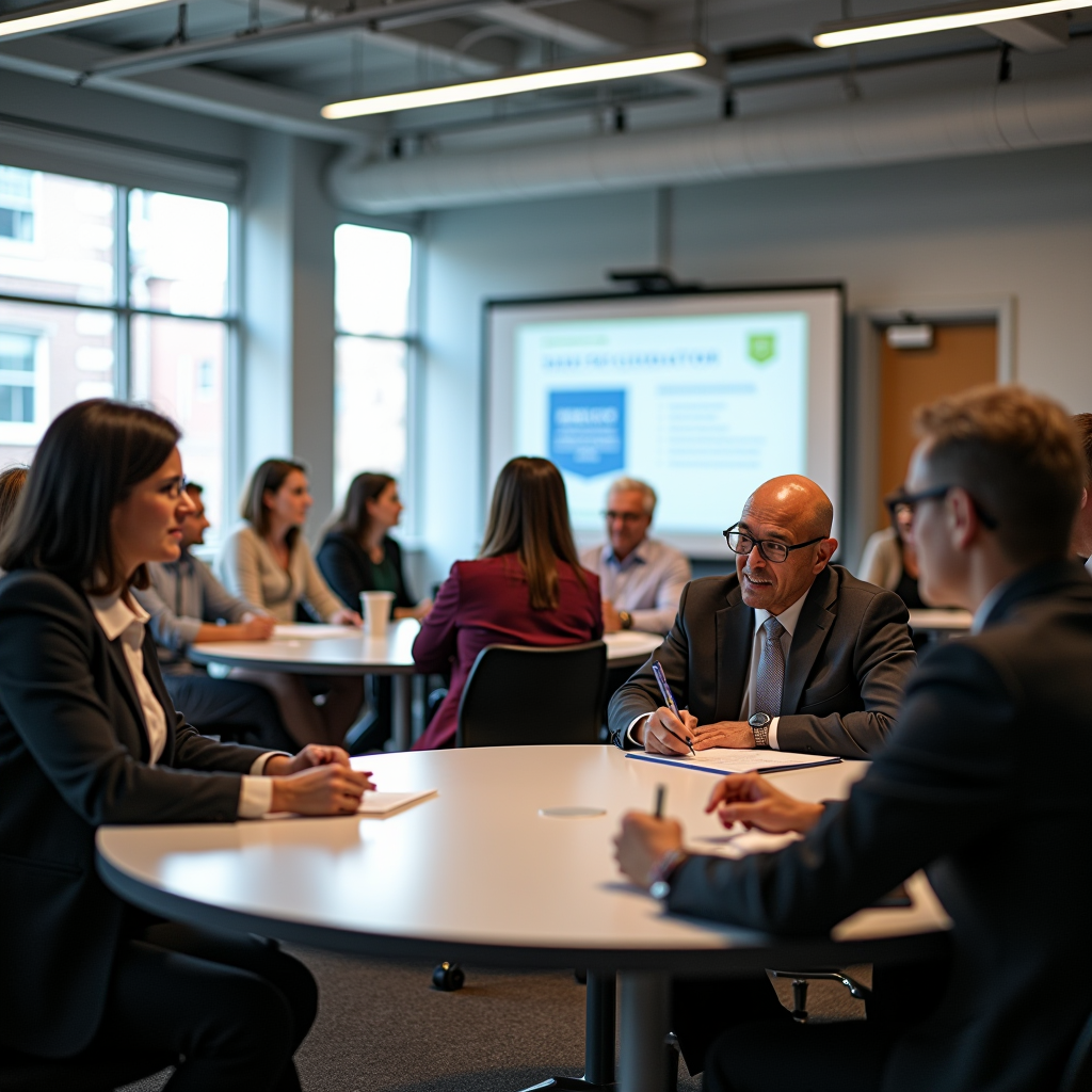 Diverse group of nonprofit leaders and foundation staff gathered in a modern conference room during the Shane Foundation grant workshop, with participants seated at round tables taking notes, presentation screen visible in background showing grant application guidelines, professional educational setting with natural lighting