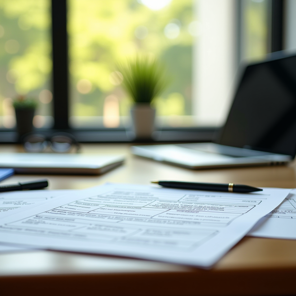Professional office setting showing grant application documents, laptop computer, and organized paperwork on a wooden desk with natural lighting, representing the structured and accessible grant application process at Shane Foundation Inc