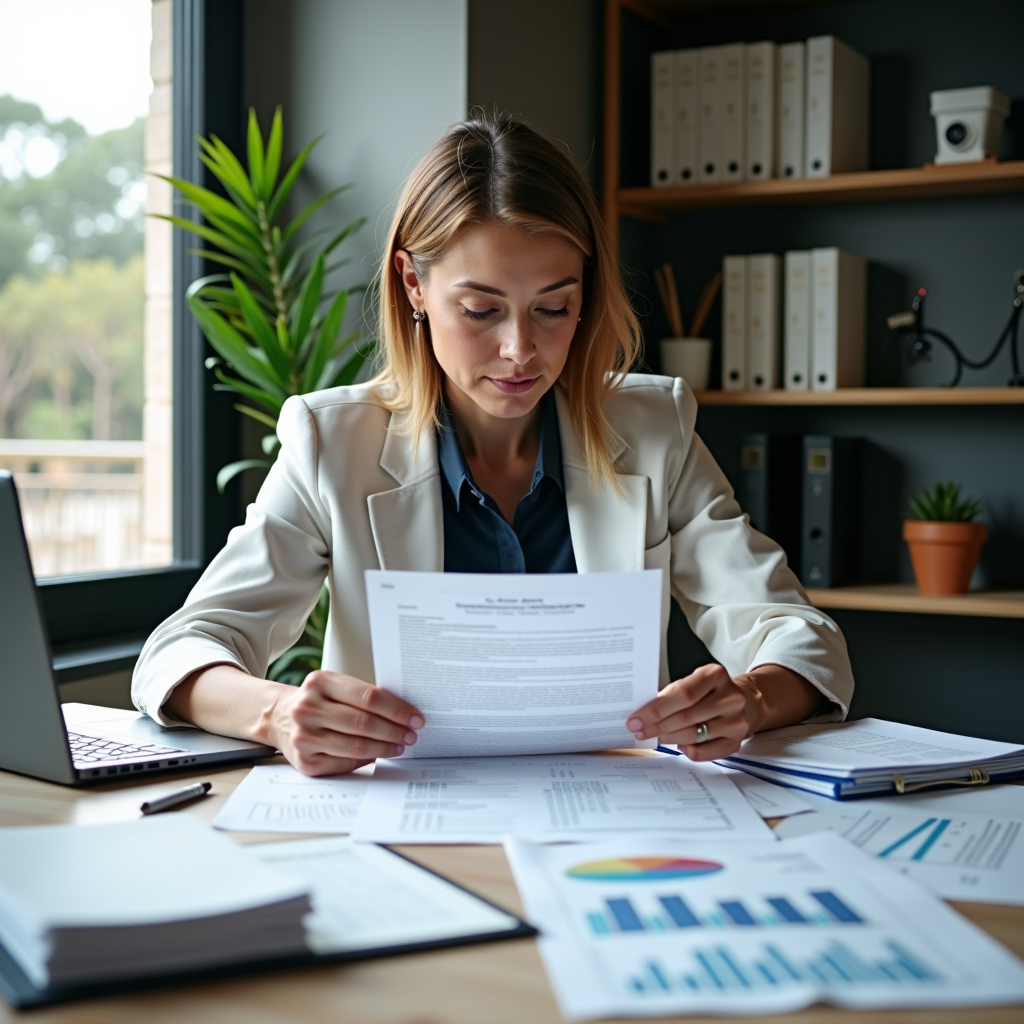 Professional trust administrator reviewing charitable trust documents at a modern desk with laptop, organized files, and financial reports, representing transparency and accountability in trust management