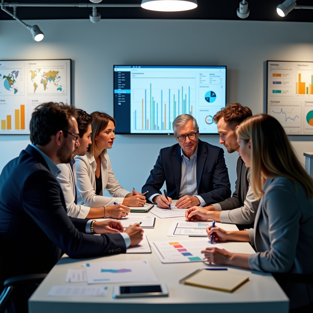 Professional team of foundation staff members reviewing project documentation and progress reports in a modern office environment, with data charts and impact metrics displayed on computer screens and whiteboards, demonstrating thorough oversight and monitoring processes