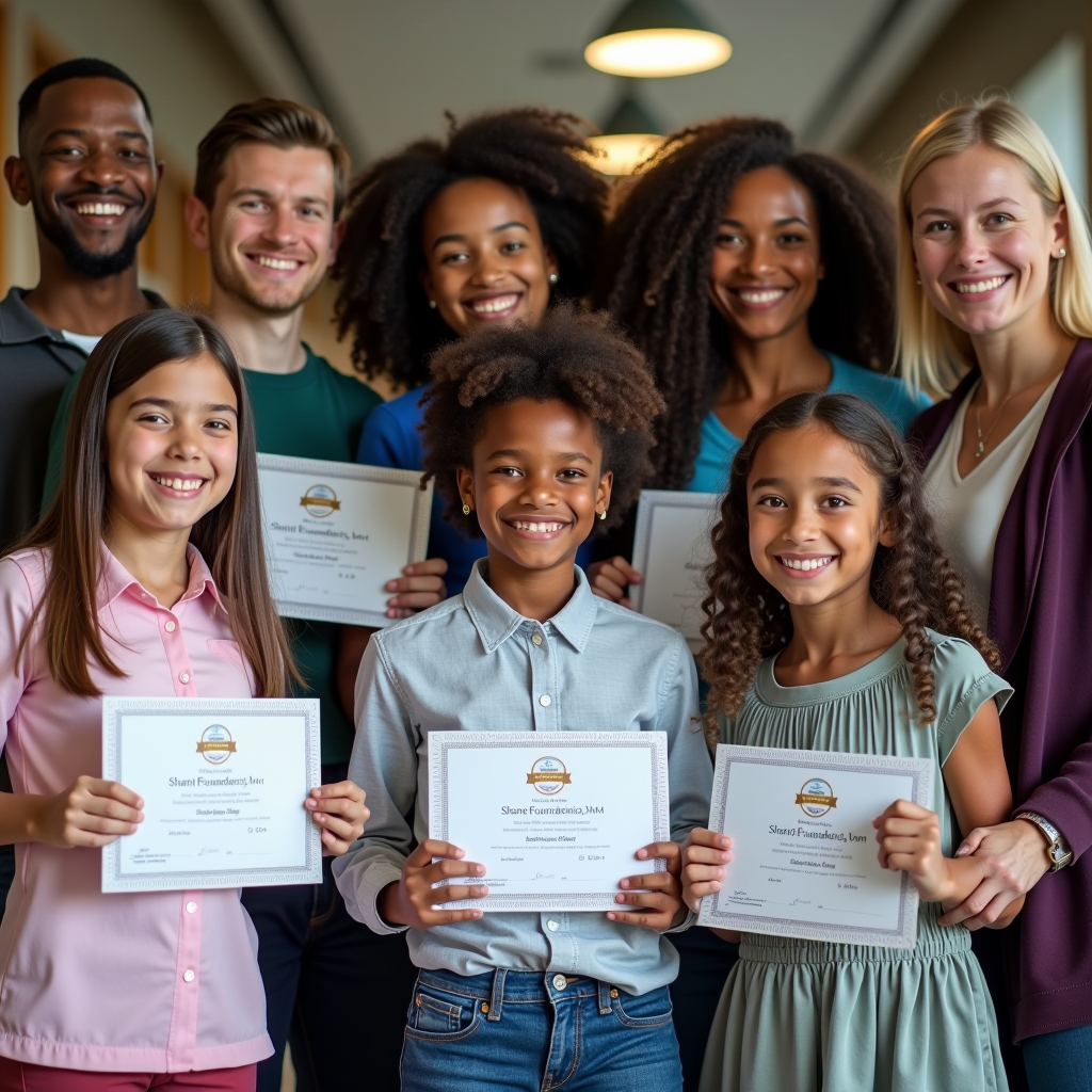 Diverse group of students and educators celebrating educational grants, with scholarship certificates and STEM program materials visible, representing the Shane Foundation's commitment to educational access and literacy initiatives