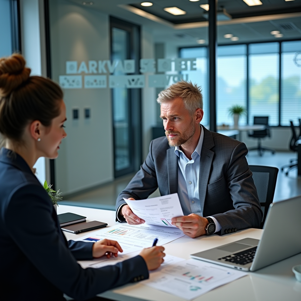 Professional trust administrator reviewing financial documents with beneficiary, modern office setting with transparent glass walls, digital dashboard showing fund allocation and compliance reports, conveying expertise and accountability