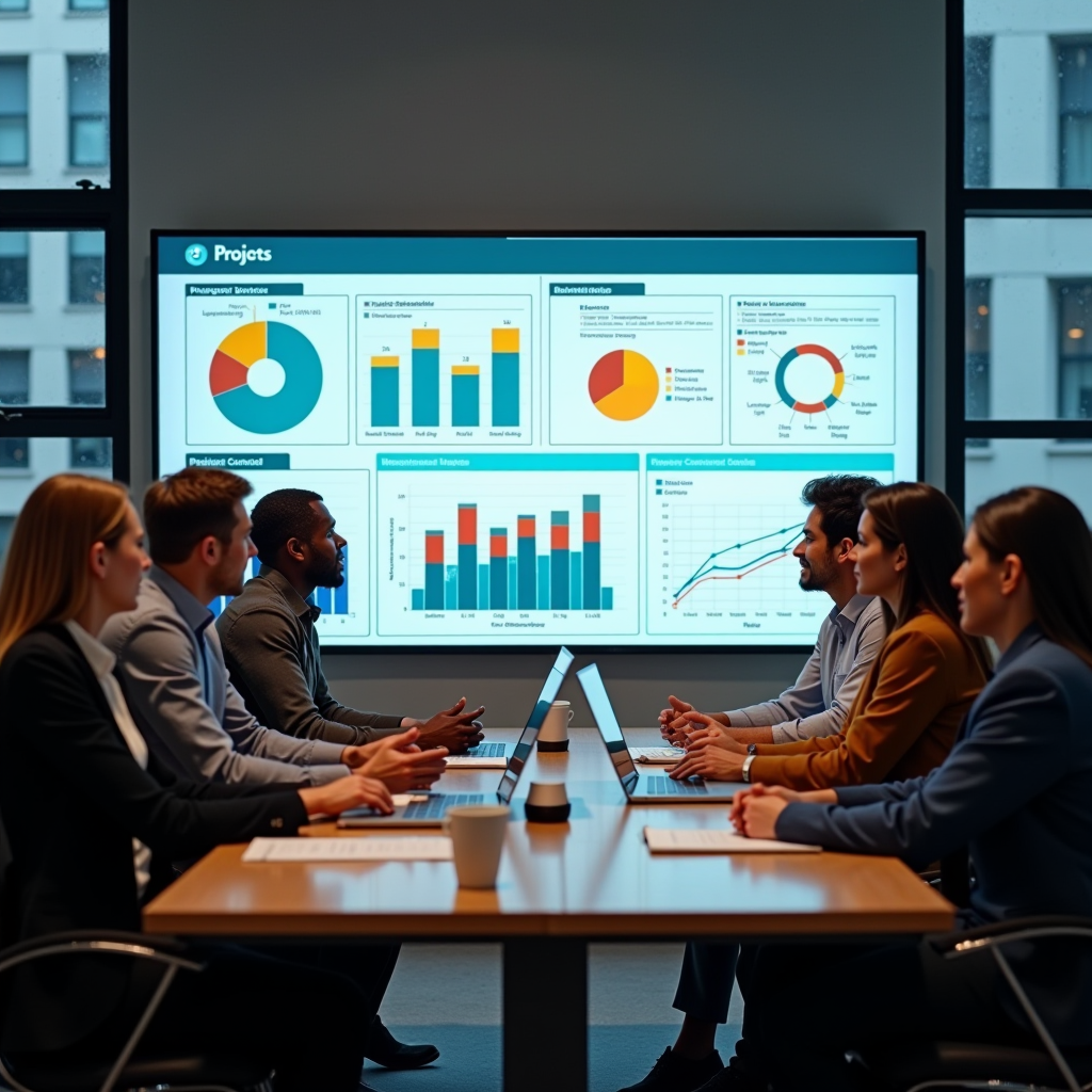 Team meeting reviewing project progress charts and impact metrics on large monitor, diverse stakeholders collaborating around conference table, data visualization showing measurable outcomes and community benefit statistics